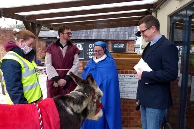 Mary and Joseph arrive with their donkey at the inn, The Alexandra, in East Worthing