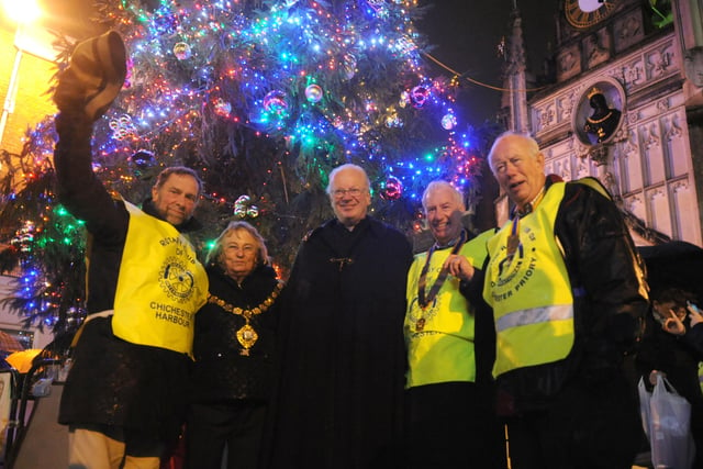 Blessing the Chichester city centre Christmas tree in 2012, the Dean of Chichester Dr Nicholas Frayling alongside mayor Anne Scicluna and Rotarians David Hilditch, Richard Hancock and Chris Doman.

Picture: Louise Adams C121612-1