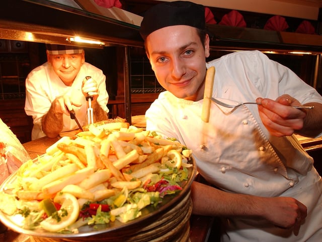 Peter Fountain and  Joe Ficuciello [right] the chef at the Sessions House, making chips during national chip week in the early 2000s.