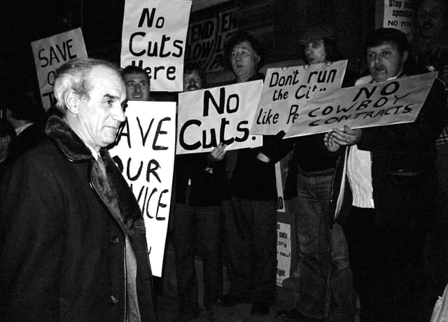 Charles Swift in the early eighties entering  the town hall in Peterborough, where he was being lobbied by council workers protesting against privatisation.
