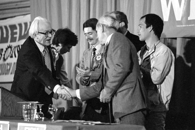 Charles Swift shaking hands with Labour leader Michael Foot  who visited the city in support of  parliamentary candidate Brian Fish.