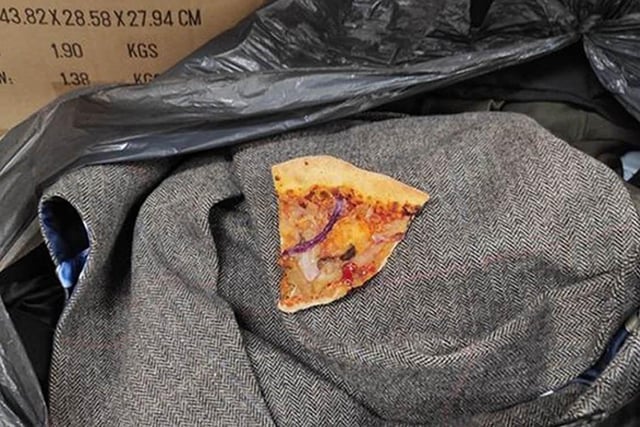 A man's coat with a slice of pizza inside that was handed into Barnardo's in Catterick.