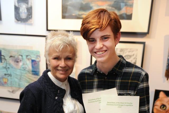 JPCT 181114 S14480009x  Julie Walters presents awards to Collyers students.  Samaritans christmas cards at Capitol Theatre Horsham. Noah Verbeeten -photo by Steve Cobb SUS-141118-155933001