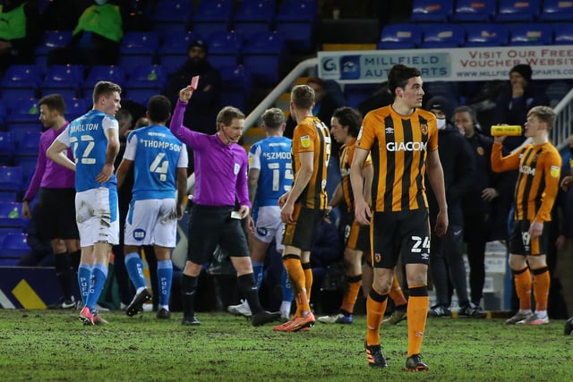 Posh picked up just two red cards in 2021. Nathan Thompson at Lincoln City and Ethan Hamilton (pictured) at home to Hull City.