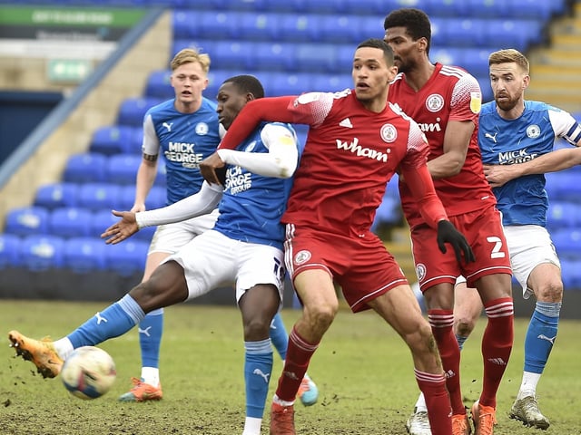 Posh beat Accrington 7-0 at London Road in March, equalling the club’s biggest margin of victory in a Football League match at London Road after 8-1 v Oldham (1969)  and 7-0 v Barrow (1971) and Brentford (2007). Idris Kanu is pictured scoring against Accrington.