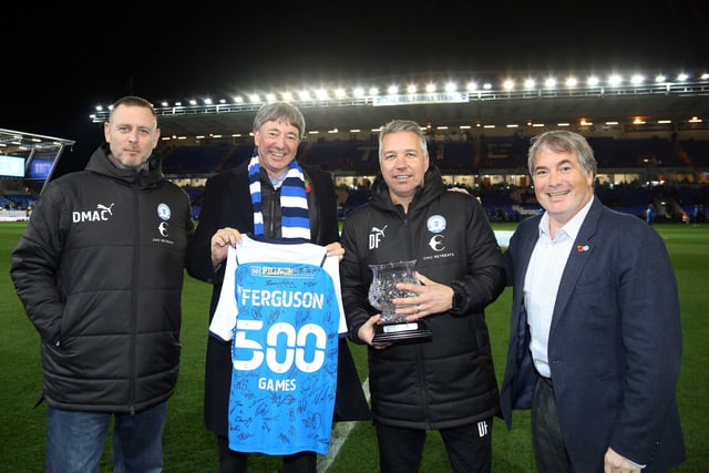 The 1-1 home draw with Huddersfield in November was Darren Ferguson’s 500th game as Posh manager. The 2-0 defeat at Norringham Forest in December was his 700th competitive match as a manager. Ferguson is pictured receiving a gift from the club to mark his 500th game.