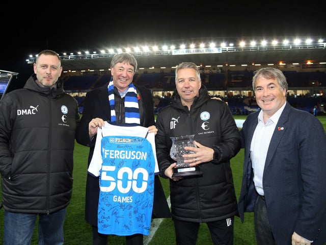The 1-1 home draw with Huddersfield in November was Darren Ferguson’s 500th game as Posh manager. The 2-0 defeat at Norringham Forest in December was his 700th competitive match as a manager. Ferguson is pictured receiving a gift from the club to mark his 500th game.