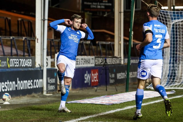 16/04/21 Sammie Szmodics channels his inner Mo Salah with his celebration during the home win over local rivals Northampton Town. Szmodics has just opened the scoring in a 3-1 win.