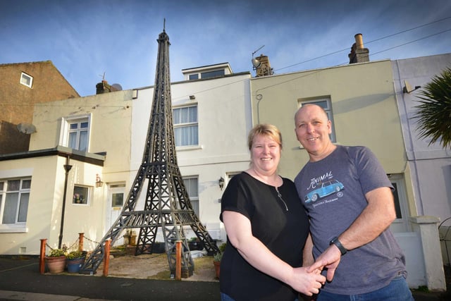Nick and Bernie Charman pictured with their Eiffel Tower model, Alma Terrace, Silverhill, St Leonards. February 2021.