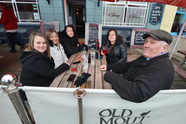 People enjoying being able to meet up outside pubs again after the easing of lockdown on April 12. Photo taken outside The Cutter in Hastings Old Town.