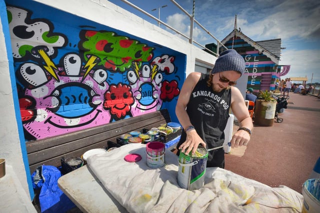 Community art project on St Leonards seafront next to Goat Ledge.
Adam Donovan is pictured. June 2021.