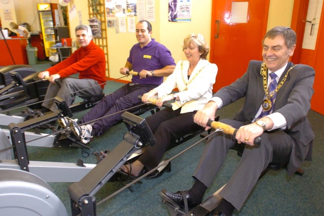 Mayor, David Raines, mayoress Carole Raines, manager  Simon Gomm and customer Peter Lane  who bid for a set of fitness sessions at the revamped  fitness centre at Dogsthorpe Road.