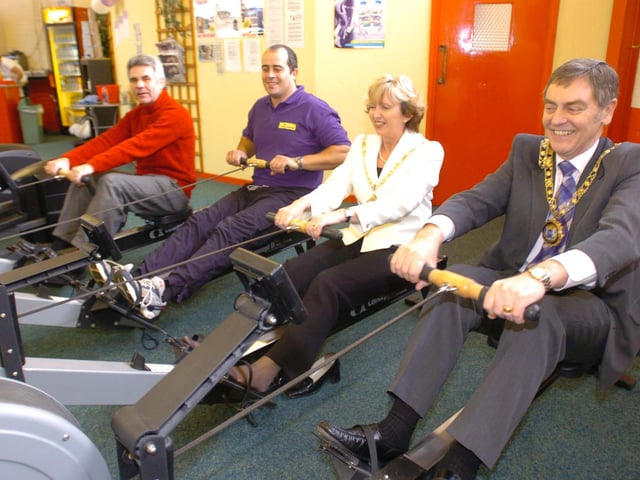 Mayor, David Raines, mayoress Carole Raines, manager Simon Gomm and customer Peter Lane who bid for a set of fitness sessions at the revamped fitness centre at Dogsthorpe Road.