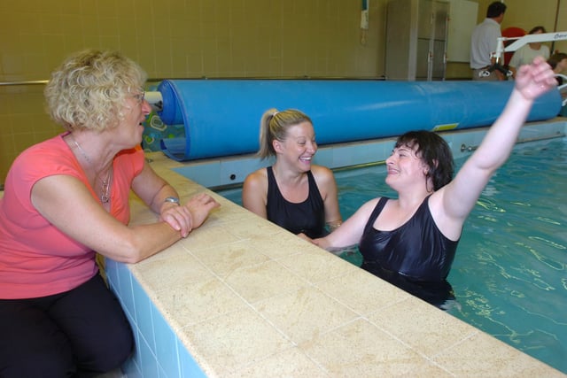 Christine Cafaro (left)  with Support worker Jenny Leaman and Leanne Cafaro in the Hydrotherapy Pool at St George's centre, Dogsthorpe Road.