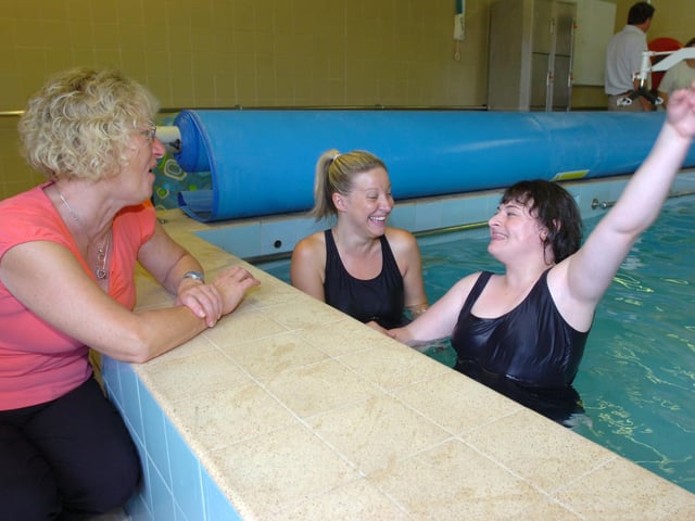 Christine Cafaro (left) with Support worker Jenny Leaman and Leanne Cafaro in the Hydrotherapy Pool at St George's centre, Dogsthorpe Road.