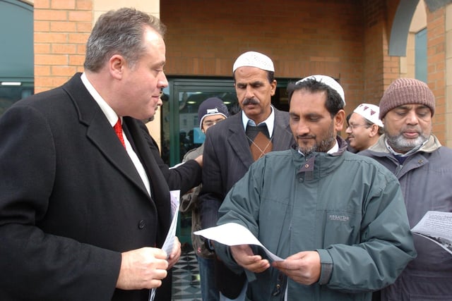 Faizan-e-Madina mosque at Gladstone Street ,  Euro MP  Richard Howitt  handing out leaflets against lib-dem proposals for Kashmir pictured in 2007.