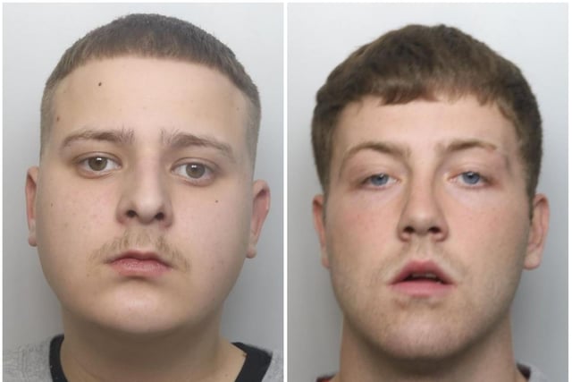 Two men were locked up for four years each after holding a 16-year-old hostage at knifepoint while demanding £1,000 blackmail money from another man in 2019. GARY BURGESS (right), 21, of Farmclose Road, and 20-year-old ADAM MOLLOY, of Woodlands, Grange Park, wore masks as they snatched the teenager at a party before threatening to smash the victim's knee with a brick "just for kicks" and "slit his throat."