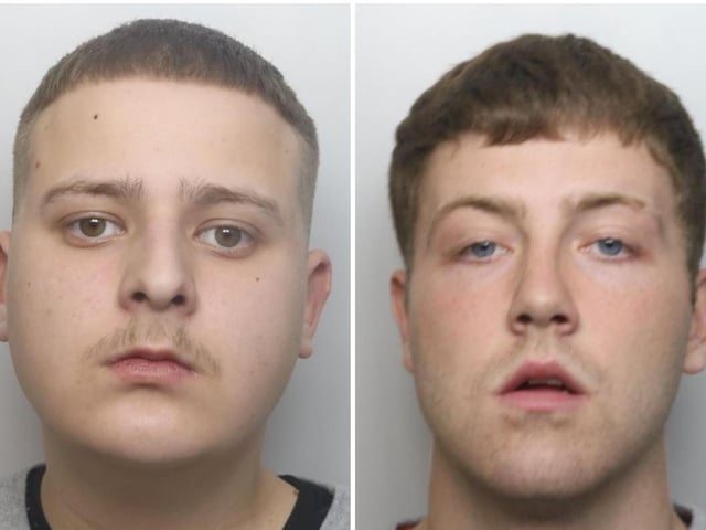 Two men were locked up for four years each after holding a 16-year-old hostage at knifepoint while demanding £1,000 blackmail money from another man in 2019. GARY BURGESS (right), 21, of Farmclose Road, and 20-year-old ADAM MOLLOY, of Woodlands, Grange Park, wore masks as they snatched the teenager at a party before threatening to smash the victim's knee with a brick "just for kicks" and "slit his throat."