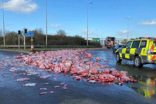 Question 6
Regular users of the A45 in Northampton are used to delays for all sorts of different reasons, but on March 29 they were met with this sight of thousands of cans of drink that had literally fallen out of the back of a lorry.
But what brand of drink was it?