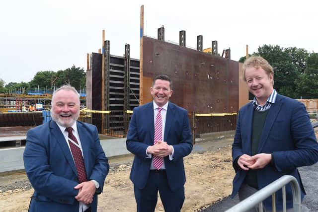 Levelling up fund bid at the University site at Bishop's Road. Council leader Wayne Fitzgerald, MP for Peterborough Paul Bristow and Principal Professor Ross Renton (centre).