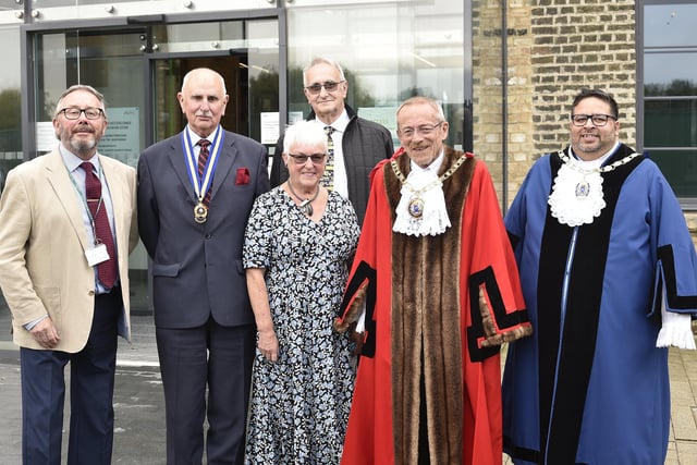 Cllr Peter Hiller (Chairman of the Honours Panel), Major Tony Elsey (Royal British Legion Peterborough), Barbara and John Holdich, Mayor of Peterborough Steve Lane and Deputy Mayor of Peterborough Mohammed Jamil at the granting of Freedom of the City to John Holdich and the RBL Peterborough at the PCC full council meeting at the Engine Shed, Sand Martin House.