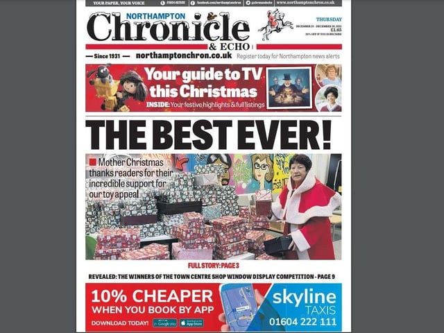 Our pre-Christmas front page ticked all the boxes for what makes a festive edition of the Chron - snow on the masthead, the horseman in a Father Christmas outfit, Christmas TV guide and a happy, positive front page lead - the success of our annual toy appeal.