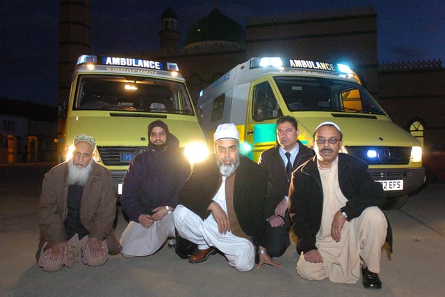Pictured outside the mosque at 406 Gladstone street are  Mohammad Shan, Mohammad Rasib, Mohammad Azam, Mohammad Asad and Mohammad Razaq with the ambulances they are shipping out to Pakistan in 2006.