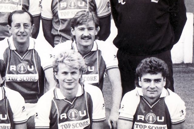 Posh boss John Wile felt he'd made a major signing coup when former Manchester United and West Brom midfielder Martin came to help a struggling Fourth Division side in 1985. He'd won over 50 caps for the Republic of Ireland by then. Martin was 33 when he turned up, but he was no Freddie Hill who had pitched up at Posh a decade earlier to win the Division Four title at a similar age. He had gone after 13 games for a poor Posh team. He went on to join Rotherham where he is pictured (back, left) next to defender Phil Crosby who went on to win a promotion with Posh in 1991. on the right of the front row is Mick Gooding who also went on to play for Posh.