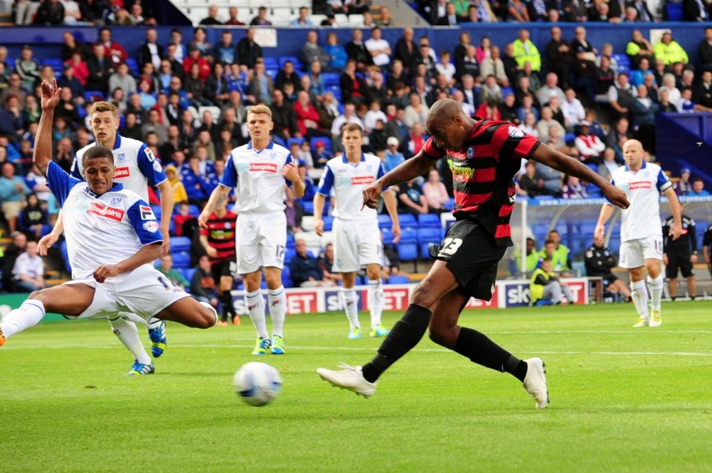Tyrone Barnett scores for Posh against Tranmere.