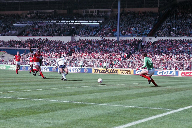 Brian Stein scores the opening goal of the 1988 Littlewoods Cup Final