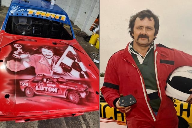 The Mark II, specially designed by his son Drew in the Luton Bangers Club red and blue colours and Alan's face airbrushed on the car