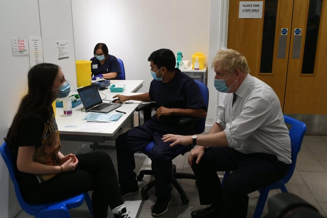 Prime Minister Boris Johnson visiting the vaccination centre at Queensgate. EMN-220601-185152009