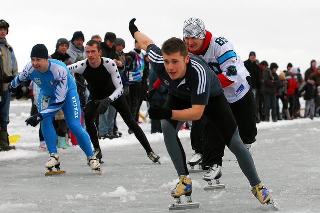 2010: Ice skating championships on Whittlesey Wash The mens mile race, out in front, and end winner, Oliver Horsepool, from Nottingham