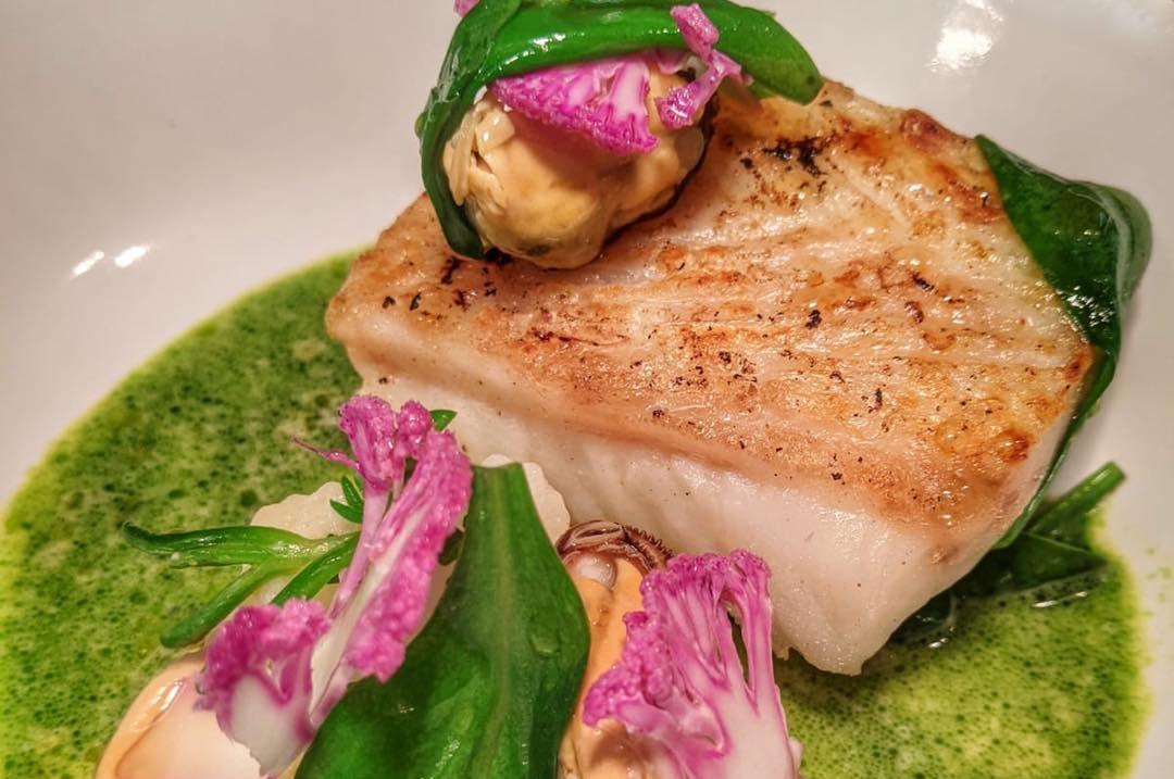 Roast cod, cauliflower, spinach & smoked mussels from the Olive Branch's Lunch For Even Less menu.