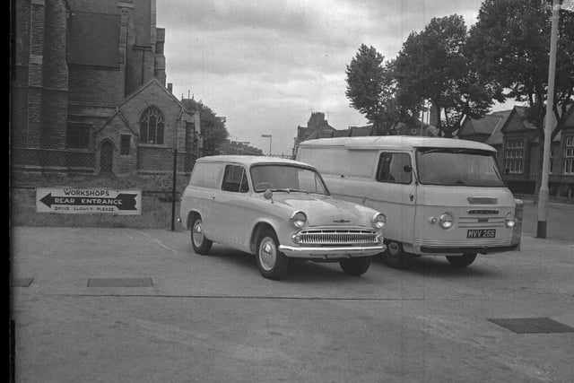 This archive image shows a Hilman Husky van and Commer van in Wellingborough Road, with Christ Church in background and Burlington shoe factory across the road.