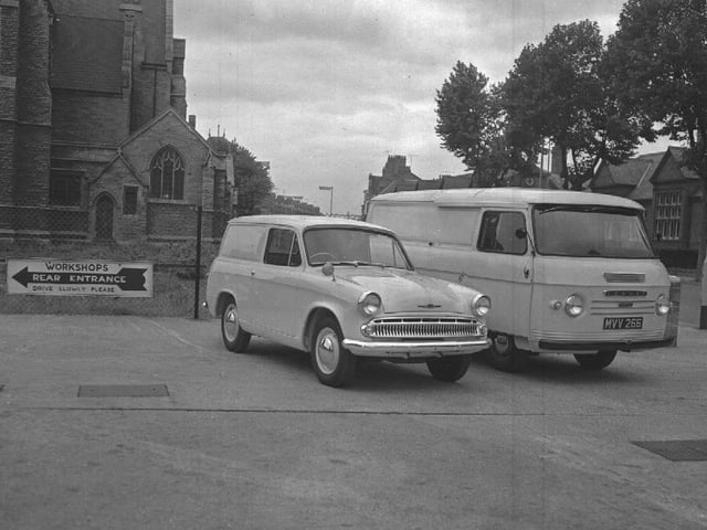 This archive image shows a Hilman Husky van and Commer van in Wellingborough Road, with Christ Church in background and Burlington shoe factory across the road.