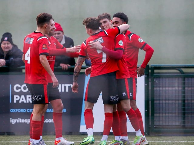 Borough celebrate after Charley Kendall strikes at Oxford City / Pictures: Lydia and Nick Redman