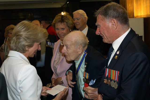 The Duchess of Gloucester with  110 -year-old Henry Allingham and   Dennis Goodwin. Picture: Stephen Goodger W25391h6