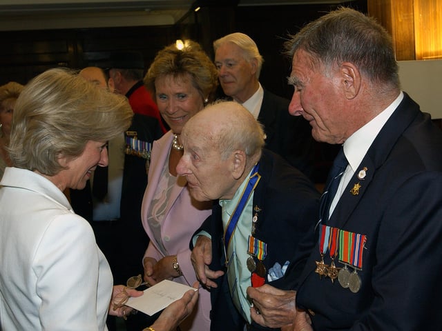 The Duchess of Gloucester with  110 -year-old Henry Allingham and   Dennis Goodwin. Picture: Stephen Goodger W25391h6