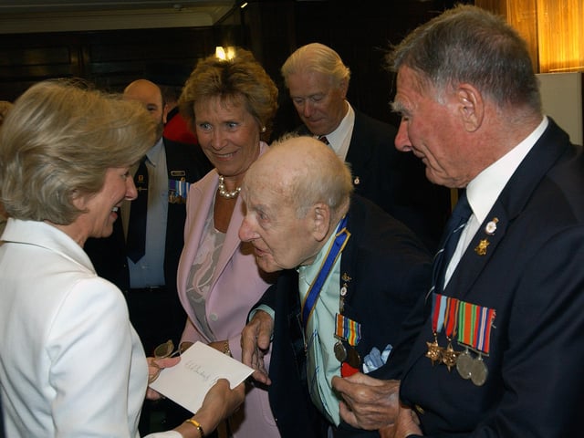 The Duchess of Gloucester with 110 -year-old Henry Allingham and Dennis Goodwin. Picture: Stephen Goodger W25392h6