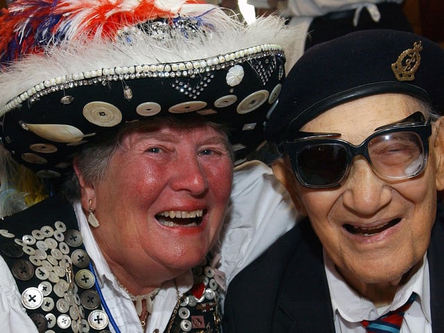 Margaret Hemsley, Pearly Queen of Harrow, with war veteran Charles Banister. Picture: Stephen Goodger W25400h6
