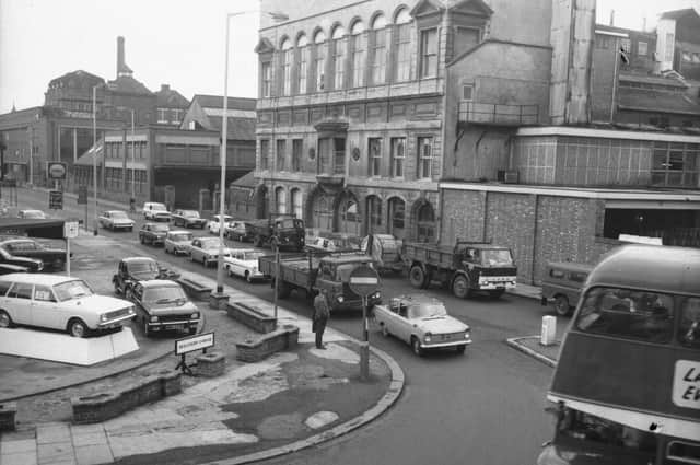 Traffic at Mulliners's Corner, bottom of Bridge Street, Northampton, July 27, 1970
