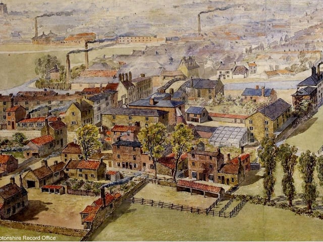 The map of Northampton in 1840 (NRO ref Map 1287 ). It shows South Bridge Street and the smoking chimneys in town. Image courtesy of Northamptonshire Records Office.