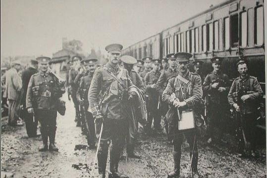 4th (Terrorial) Battalion, Northamptonshire Regiment, leaving Bridge Street Station, Northampton, after mobilisation in August 1914.