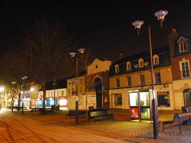 Lack of street lights on Bridge Street, Peterborough. Most sets of street lights on Bridge Street behind Rivergate (opp Mags Court) were switched offbyv 8.30pm in 2009.