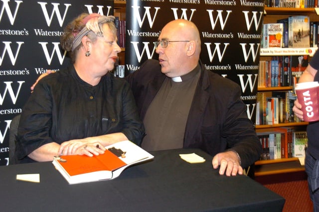 Jo Brand in Waterstones, Bridge Street, at her book signing  having a natter with Rev Clive Deverell assistant curate  at All Saints, Paston.