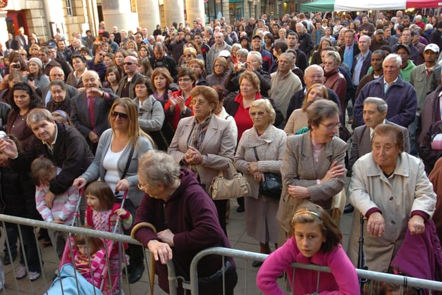 Crowds in Bridge Street listen to the on stage Neopolitan duo of Christal, during celebrations marking the 60th anniversary of Peterborough's Italian community.