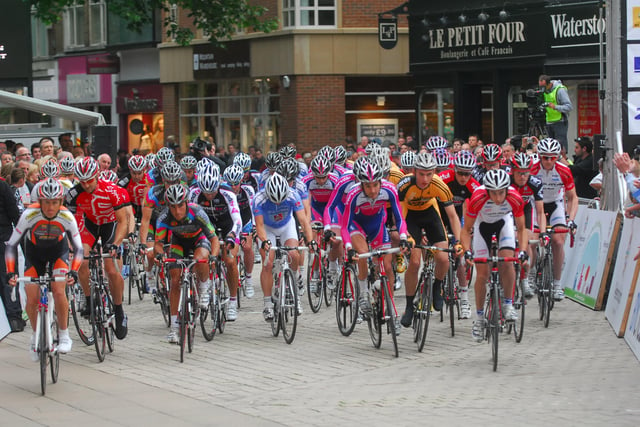 Round 4 of the national Tour Series, a cycling competition which sees professional cyclists race through the city centre for one hour and 5 laps. The event took place in 10 cities across the UK. Riders pictured in Bridge Street in 2009.