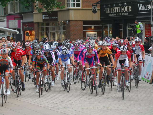 Round 4 of the national Tour Series, a cycling competition which sees professional cyclists race through the city centre for one hour and 5 laps. The event took place in 10 cities across the UK. Riders pictured in Bridge Street in 2009.