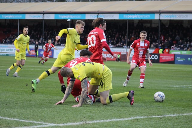 Sam Matthews battles through. Crawley Town v Tranmere Rovers. Pictures by Cory Pickford SUS-220122-162038004